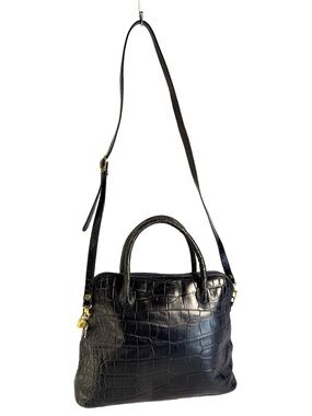 Black Croc-Embossed Leather Satchel with Adjustable Strap